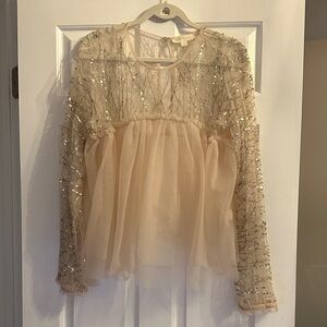 Anthropologie Cream Sequin Embellished Top